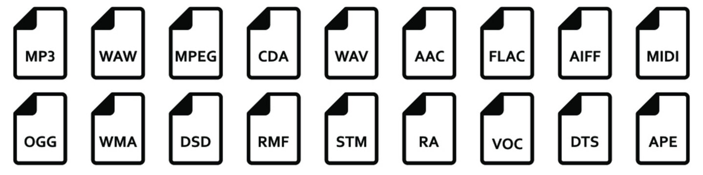 Audio file formats. Set of linear icons of different audio formats. Audio file icons. Vector illustration.