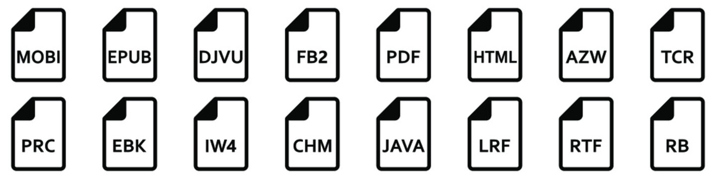 Ebook file format icons. Various ebook formats files. Set of linear icons. Vector illustration.