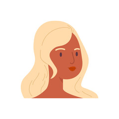 Cartoon face of an adult tanned girl. The head of a swarthy blonde with red lipstick. Female avatar illustration vector isolated on white background.