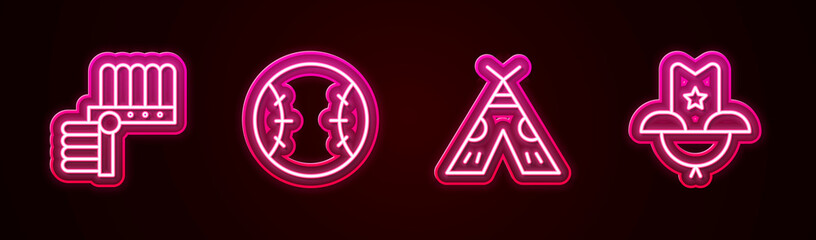Set line Indian headdress with feathers, Baseball ball, teepee or wigwam and Western cowboy hat. Glowing neon icon. Vector © Kostiantyn