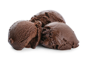 Delicious chocolate ice cream balls on white background