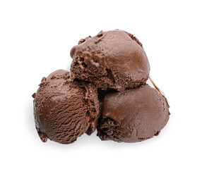 Delicious chocolate ice cream balls on white background