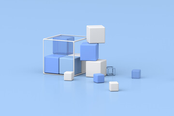 3d rendering of geometric composition on blue background.