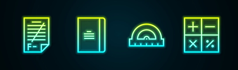 Set line Exam paper with incorrect answers, Spiral notebook, Protractor and Calculator. Glowing neon icon. Vector