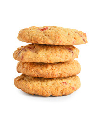 Stack of tasty cranberry cookies on white background