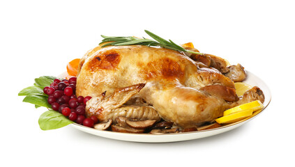 Tasty baked turkey with fruits for Thanksgiving Day on white background