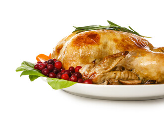 Tasty baked turkey with cranberry for Thanksgiving Day on white background, closeup