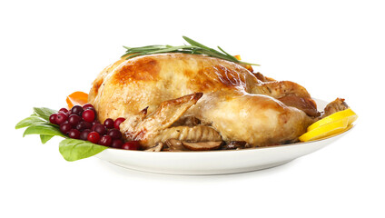 Tasty baked turkey with fruits for Thanksgiving Day on white background