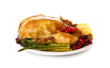 Tasty baked turkey with asparagus and cranberry for Thanksgiving Day on white background