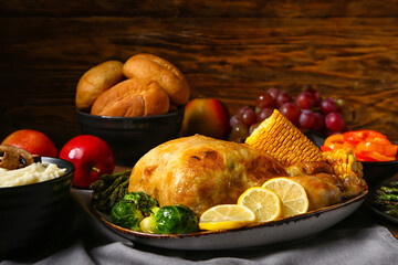 Tasty baked turkey with lemon and vegetables for Thanksgiving Day on wooden background