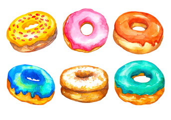 Set of 6 colorful donuts. Donuts with glaze hand drawn in watercolor. Image of sweets.