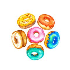 Set of 6 multi-colored donuts in a circle. Donuts with glaze hand drawn in watercolor. Image of sweets. Donuts with yellow, pink, blue, green and orange glaze.