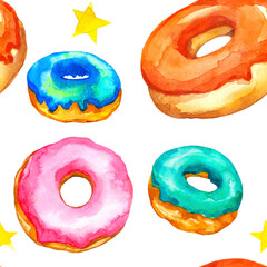 Multicolored donuts seamless pattern. Pattern donuts with glaze drawn by hand in watercolor. Image of sweets. Donuts with yellow, pink, blue and orange glaze. Donuts pattern on a white background.