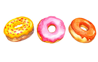 Set of 3 multi-colored donuts. Donuts with glaze hand drawn in watercolor. Image of sweets. Donuts with yellow, pink and orange glaze.