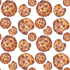 Seamless pattern oatmeal cookies with pieces of chocolate watercolor. An image of a cookie. Homemade baking. Illustration for confectioners.