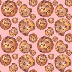 Fototapeta premium Seamless pattern oatmeal cookies with pieces of chocolate watercolor. An image of a cookie. Homemade baking. Illustration for confectioners.