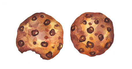 Oatmeal cookies with chocolate pieces in watercolor. An image of a cookie. Homemade baking. Illustration for confectioners.