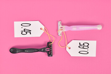 Concept for pink tax showing pink and black razor aimed at specific genders with different price...