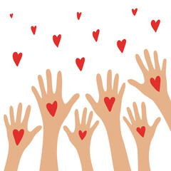 Hands up with hearts. Charity and donation concept. I share my love. Hands holding a heart symbol. Flat style vector illustration.