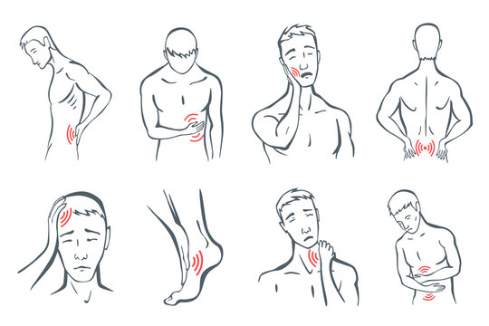 Body parts pain set. Man feels pain location in different part of body with red line icons. Ache in head, neck or tooth pain. Vector foci of pain or trauma symbols, grey art line illustration