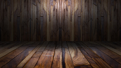 Product display, Wooden dark desk floor and wall backgrounds, gray room, interior texture.