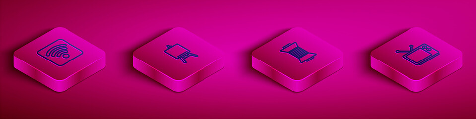 Set Isometric line Wi-Fi wireless internet network, Easel painting art boards, Sewing thread on spool and Retro tv icon. Vector