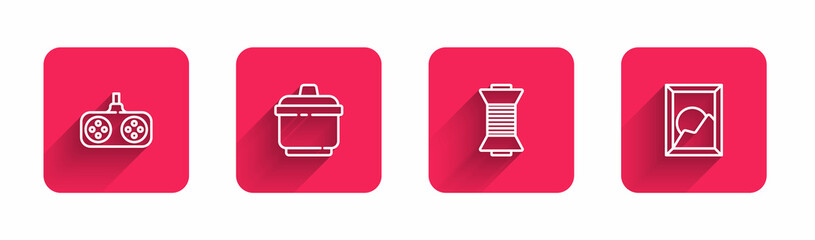 Set line Gamepad, Cooking pot, Sewing thread on spool and Picture landscape with long shadow. Red square button. Vector