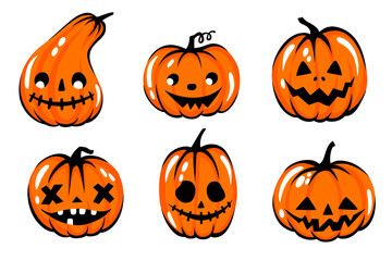 Halloween pumpkin face illustration. Cartoon vector character. Cute Orange carving pumpkin collection.