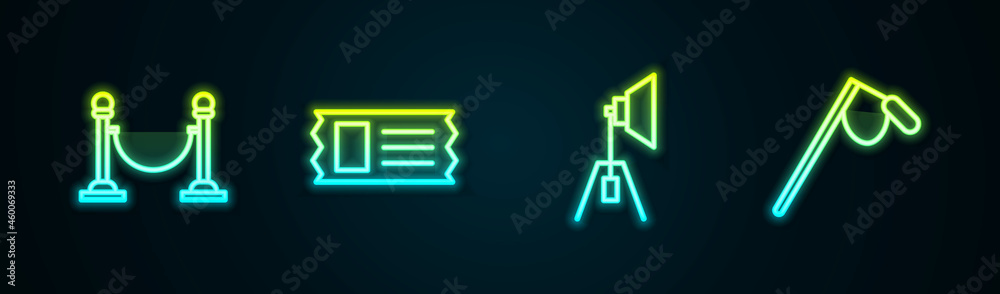 Poster Set line Rope barrier, Cinema ticket, Movie spotlight and Microphone. Glowing neon icon. Vector