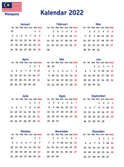 Simple annual 2022 year wall and book calendar. Malay language. Week starts on Monday. Sunday highlighted. No holidays highlighted. EPS 10 vector illustration, no transparency, no gradients