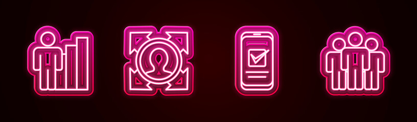 Set line Productive human, Head hunting, Smartphone and Users group. Glowing neon icon. Vector