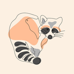 Cute Raccoon in One Line style. Continuous one Line drawing with the addition of colored spots. Design for poster, logo, flyer, decor. Vector illustration.