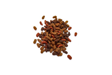 a little dry cat food lies isolated on a white background