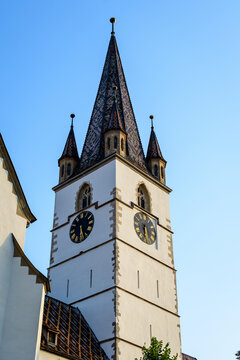 Renovated old historical building of Lutheran Cathedral of Saint Mary (Catedrala Evanghelica Sfanta Maria)  in the old city center of Sibiu, in Transylvania (Transilvania) region, Romania  .