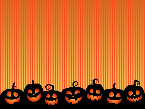 Happy Halloween banner with funny orange pumpkins cut silhouettes on orange background. Halloween grinning pumpkins in a row. Vector illustration
