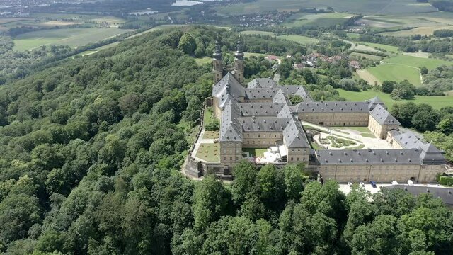 Aerial view of Banz Monastery, former Benedictine monastery, South German Baroque, near Bad Staffelstein, Lichtenfels district,  Franconian Alp, Franconia, Bavaria, Germany,