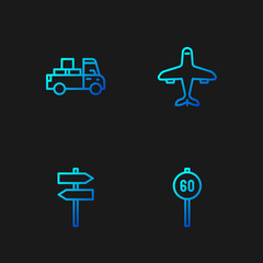 Set line Speed limit traffic, Road signpost, Delivery truck and Plane. Gradient color icons. Vector