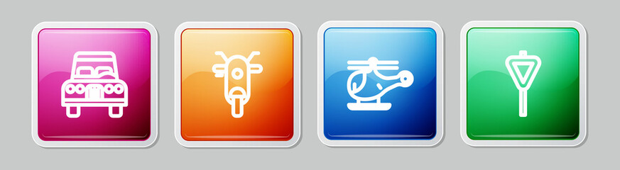 Set line Car, Scooter, Helicopter and Road traffic signpost. Colorful square button. Vector