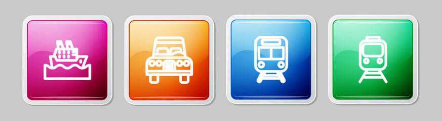 Set line Cruise ship, Car, Train and railway and . Colorful square button. Vector