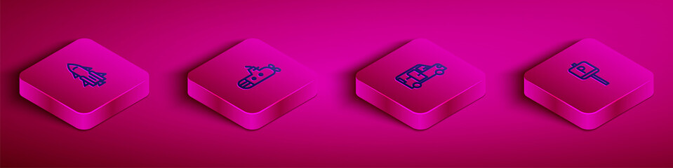 Set Isometric line Rocket ship with fire, Submarine, Minibus and Parking icon. Vector