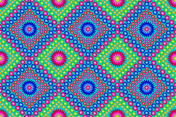 Multicolored floral patterns make up a seamless square grid on a cyan colored background.