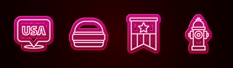 Set line USA Independence day, Burger, American flag and Fire hydrant. Glowing neon icon. Vector