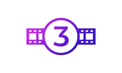 Number 3 Circle with Reel Stripes Filmstrip for Film Movie Cinema Production Studio Logo Inspiration