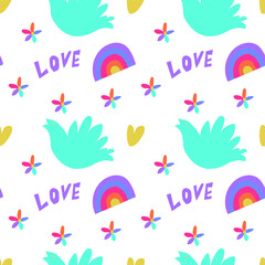 Vector seamless pattern LGBTQ isolated background flat.Bright,hippie,peaceful hand painted print.Design for wrapping paper,packaging,textiles,fabric,coloring pages,backdrop,wallpaper,scrapbook paper.