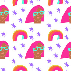 Vector seamless pattern LGBTQ isolated background flat.Bright,hippie,peaceful hand painted print.Design for wrapping paper,packaging,textiles,fabric,coloring pages,backdrop,wallpaper,scrapbook paper.