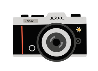 Hand-drawn black and grey film photo camera, with a star sticker. Retro, vintage camera, photographer tool, photo tool. Back to the 80s - 90s. Colorful flat vector illustration isolated on white.