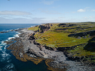 Fototapeta na wymiar Drone view of Cape Kekursky, located on the Rybachiy Peninsula, Murmansk Oblast, Russian Arctic