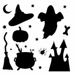 Halloween black stickers vector silhouettes witch's broom, stars, bone, ghost, castle, сauldron of green potion, pumpkin, the witch's hat, spider