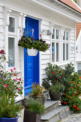 blue door of a house with flowers