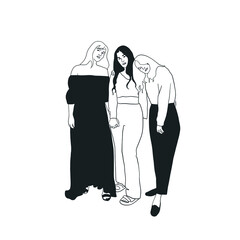 Drawing of three girlfriends standing together. Hand drawn black and white graphic style. Outline woman portrait. 